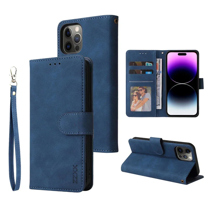 ZZXX Leather Wallet Phone Case For iPhone 15 Pro Max 14 13 Mini 12 11 XS XR X SE 2022 8 7 6 6s Plus Flip Card Slot Holder Cover