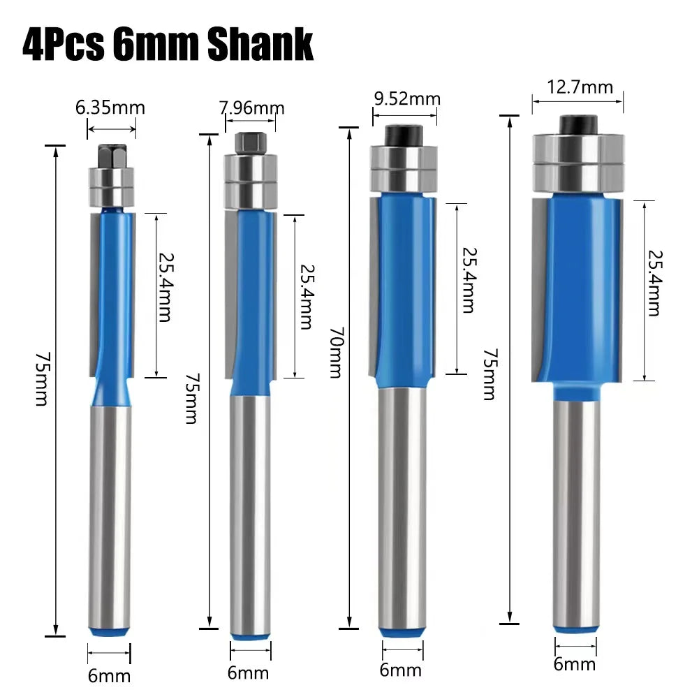 6 8 12MM 1/4′′ 1/2′′ SHANK Flush Trim Router Bit with 4 Blade Woodworking Milling Cutter for Wood BIT Router Bit Set Fresa New