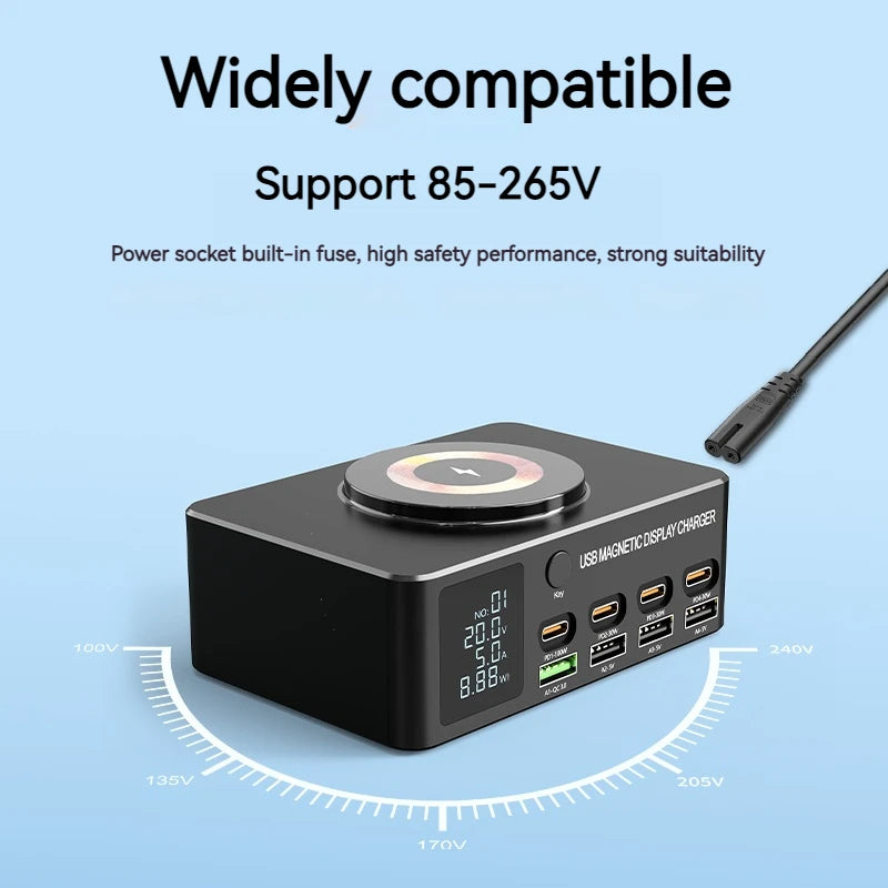 140W Multi 8 Port USB Charger With 15W Magnetic Wireless Charging PD 100WQC 3.0 LCD Display Station For Notebook Laptop Phone