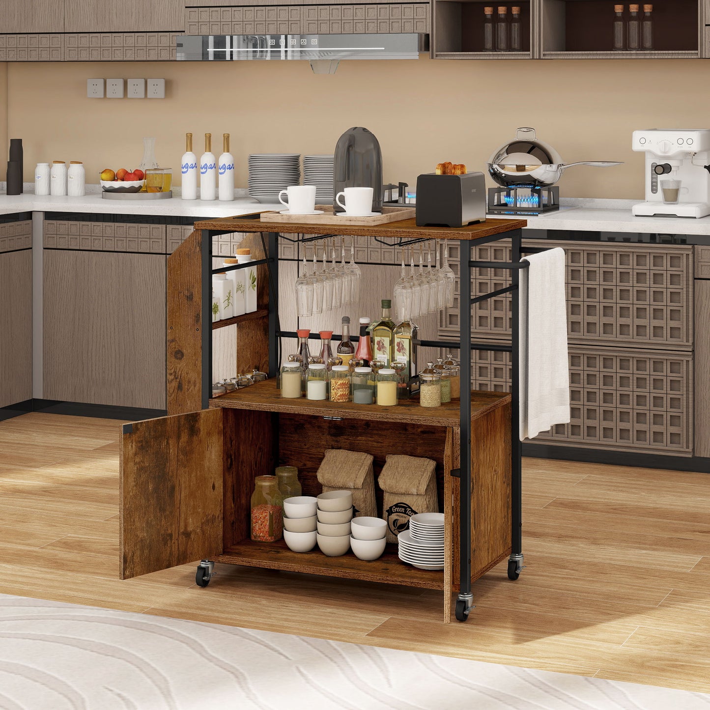 Wood Kitchen Island Trolley Cart | Storage Cabinet with Drawers & Rack - Stylish Utility Solution!