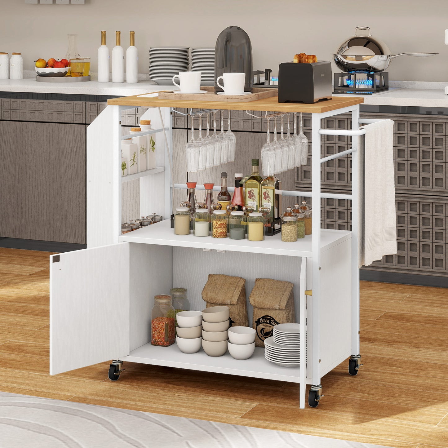 Wood Kitchen Island Trolley Cart | Storage Cabinet with Drawers & Rack - Stylish Utility Solution!