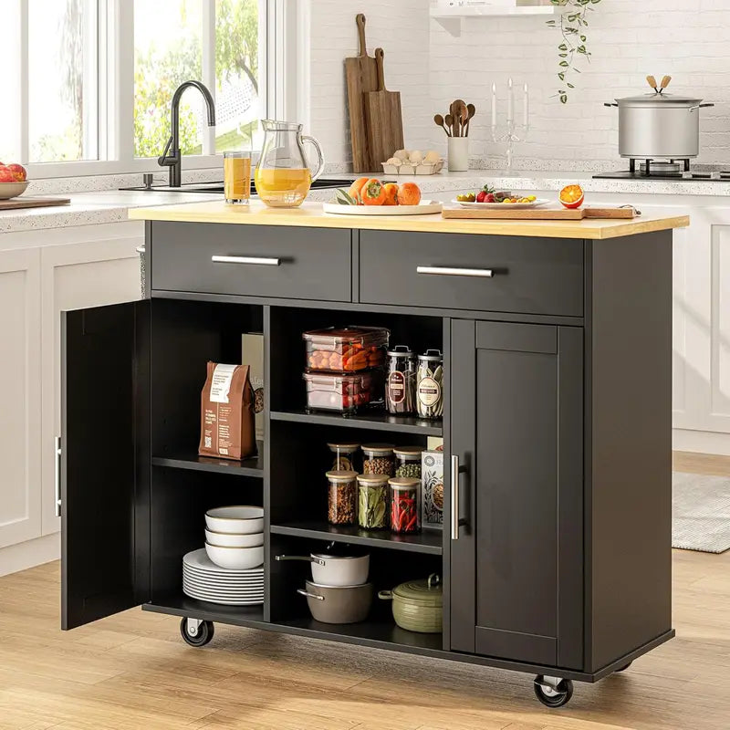 Kitchen Island Cart with Storage - Rolling Butcher Block Table, Portable Mobile Counter on Wheels, Drop Leaf Design