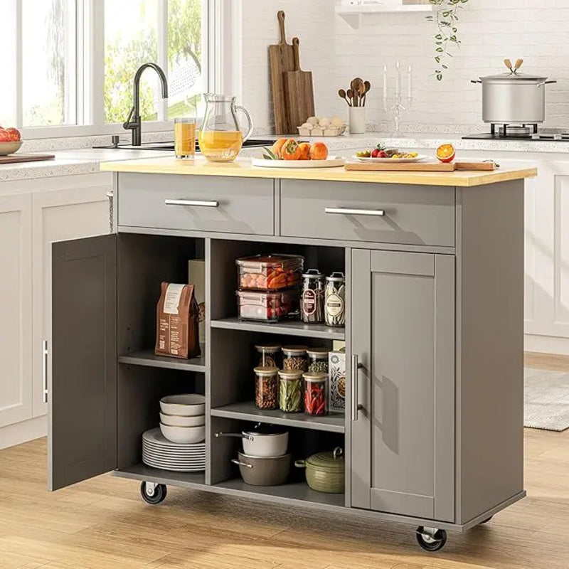 Kitchen Island Cart with Storage - Rolling Butcher Block Table, Portable Mobile Counter on Wheels, Drop Leaf Design