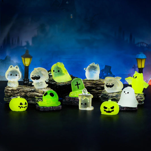 12pcs Mini Luminous Figure Mini Cat Ghost Pumpkin Bat Skull Candle Glow in Dark Micro Landscape Miniatures for Holiday Halloween