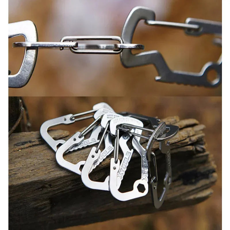 Stainless Steel D Shape Carabiner Outdoor Hiking Buckle Lockbutton Cap Lifter Quick Release Keychain Opener EDC Tools