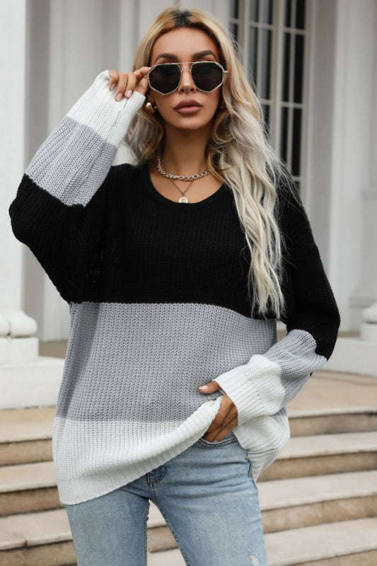 Perfee Color Block Long Sleeve Chunky Knit Sweater