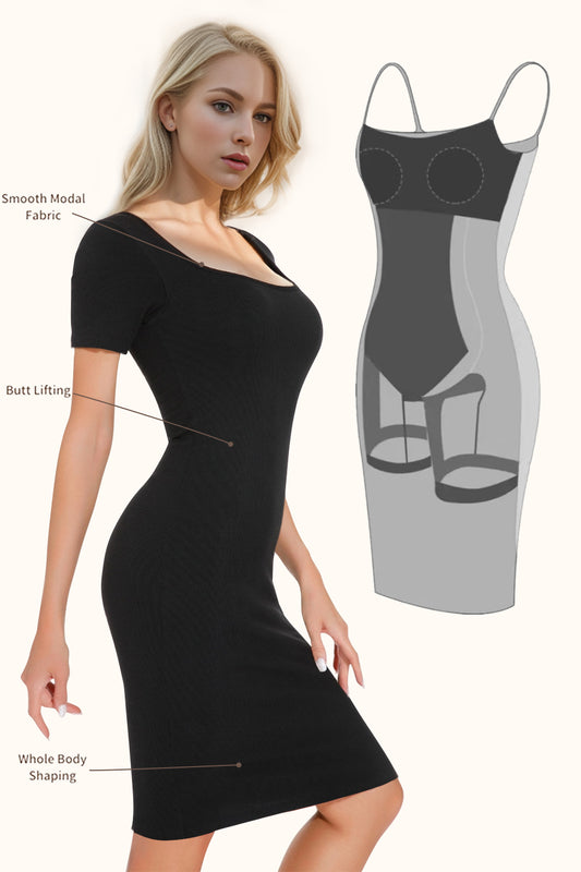 Basic Bae Full Size Built-In Shapewear Square Neck Short Sleeve Dress