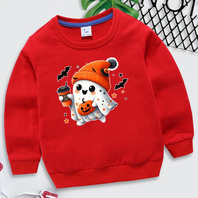 New Boys Girls Halloween Sweatshirts Kawaii Ghost Pumpkin Bat Coffee Print Long Sleeves Pullovers Autumn Cartoon Kids Clothing