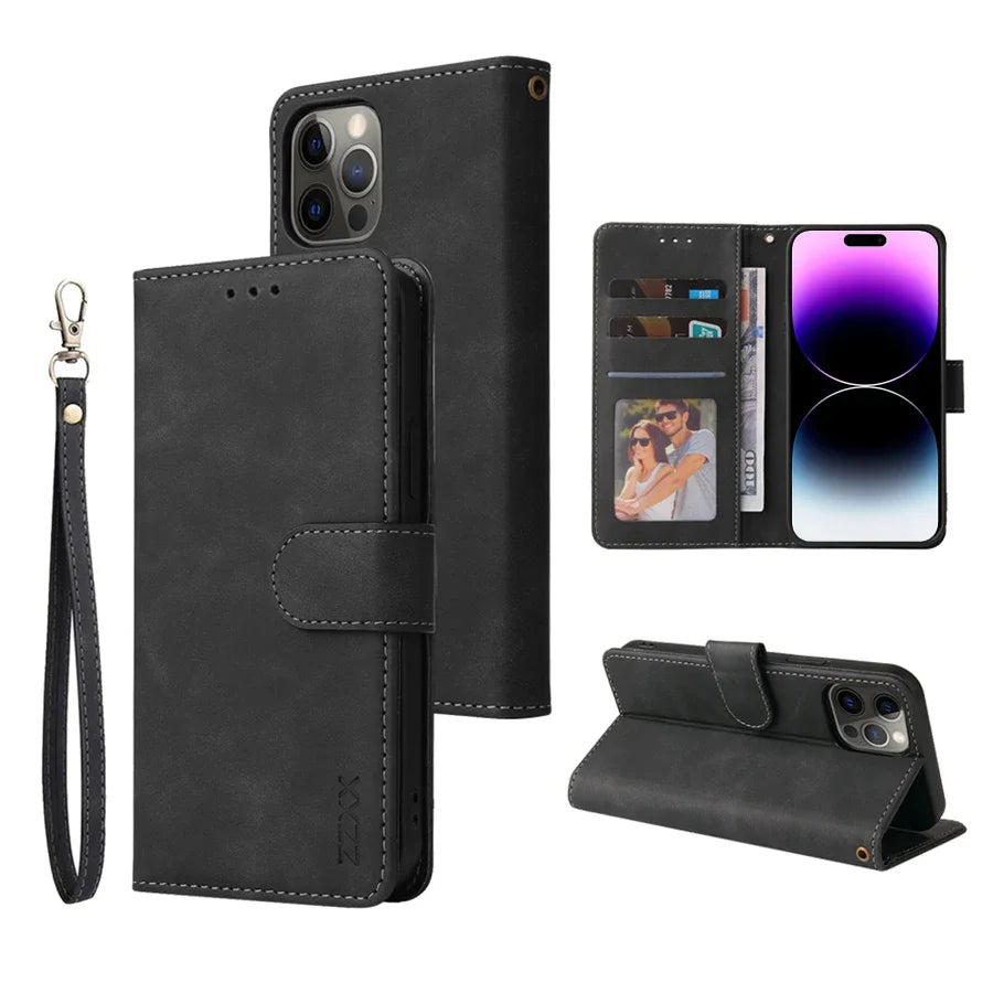 ZZXX Leather Wallet Phone Case For iPhone 15 Pro Max 14 13 Mini 12 11 XS XR X SE 2022 8 7 6 6s Plus Flip Card Slot Holder Cover