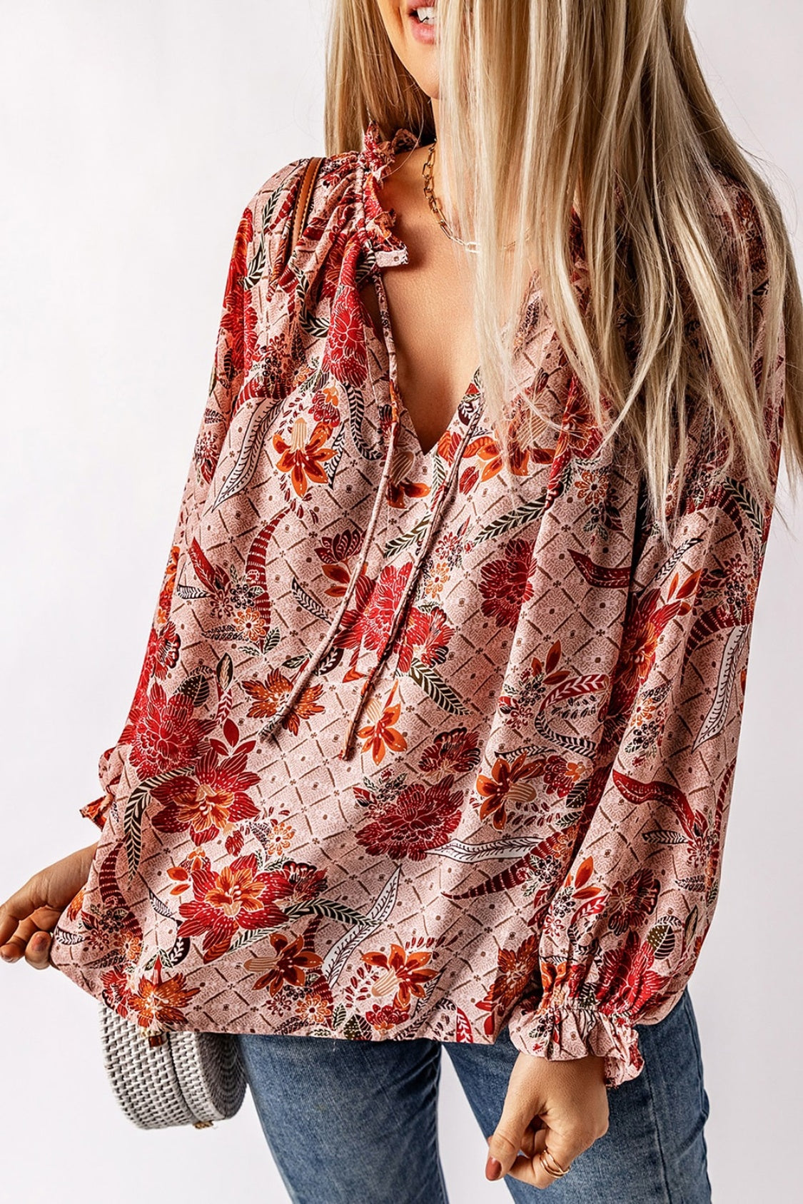 Floral Tie Neck Flounce Sleeve Blouse