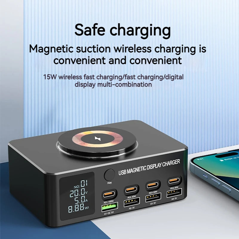 140W Multi 8 Port USB Charger With 15W Magnetic Wireless Charging PD 100WQC 3.0 LCD Display Station For Notebook Laptop Phone