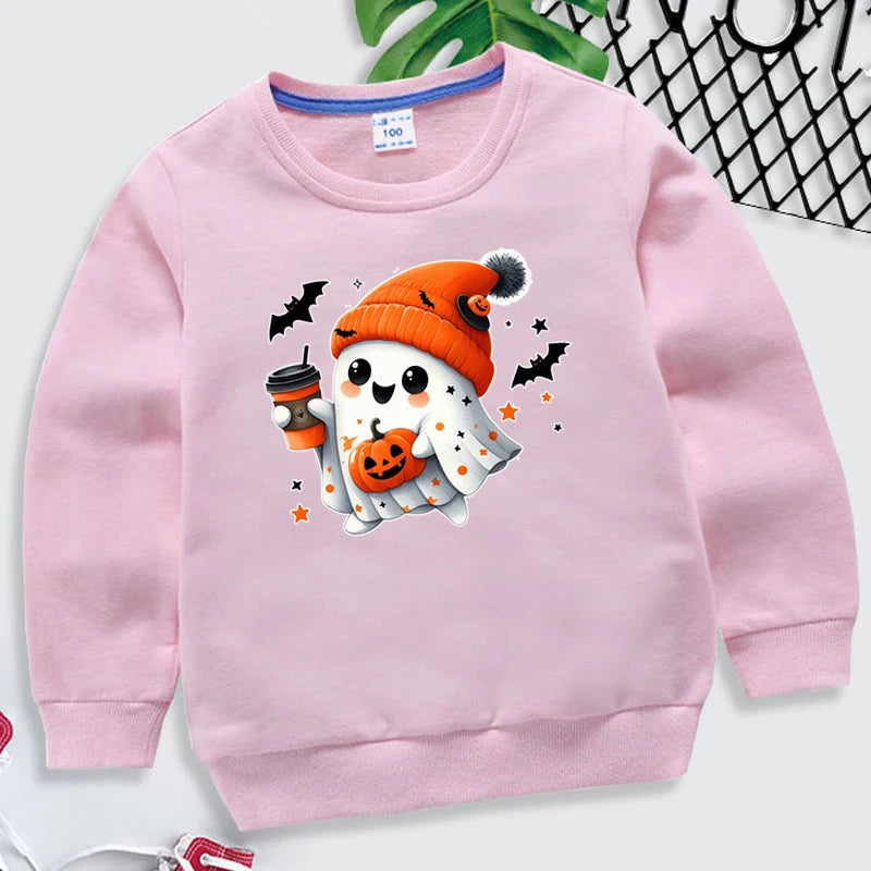 New Boys Girls Halloween Sweatshirts Kawaii Ghost Pumpkin Bat Coffee Print Long Sleeves Pullovers Autumn Cartoon Kids Clothing