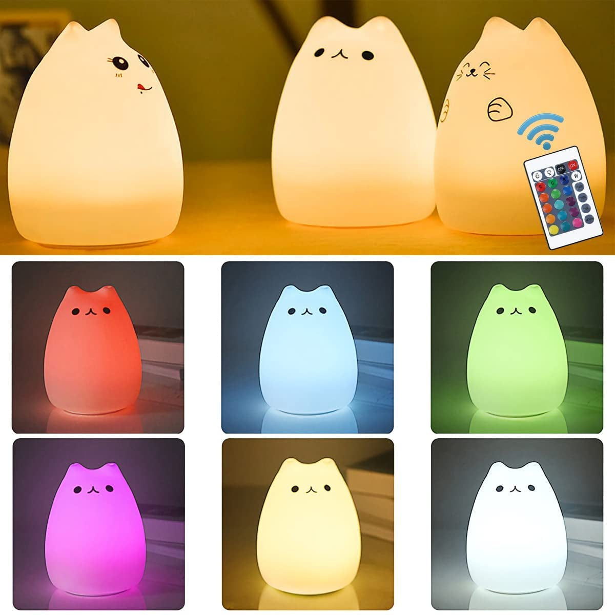 Rechargeable Cat Lamp - Remote Control Silicone Kitty Night Light for Kids, Toddlers, and Baby Girls, Cute Kawaii Design, White, 4-Piece Set