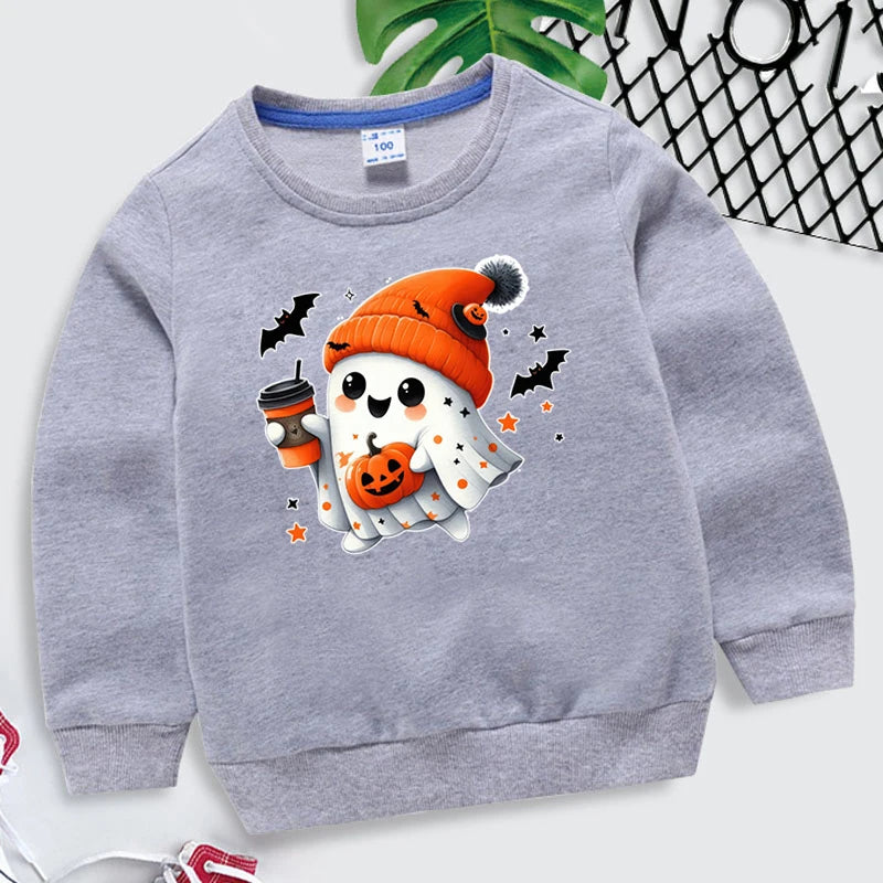 New Boys Girls Halloween Sweatshirts Kawaii Ghost Pumpkin Bat Coffee Print Long Sleeves Pullovers Autumn Cartoon Kids Clothing