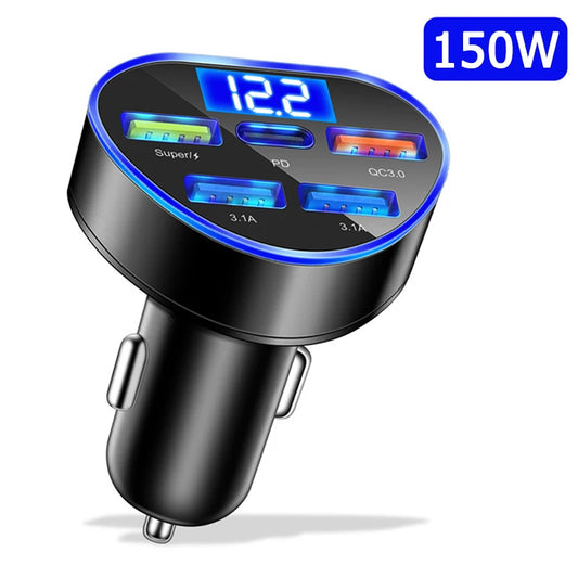 150W Car USB Charger Super Fast Charging 5 Ports PD QC3.0 Universal LED Digital Display Cigarette Lighter Adapter for Phones