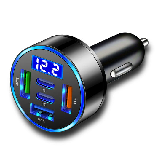 Car Charger 100W Support Super Fast Charging 5 in 1 Multi-port Voltage Car with Vehicle Digital Display Mobile Car Phone Adapter