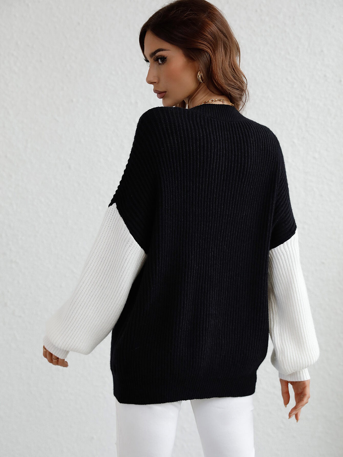 Two-Tone Rib-Knit Dropped Shoulder Sweater