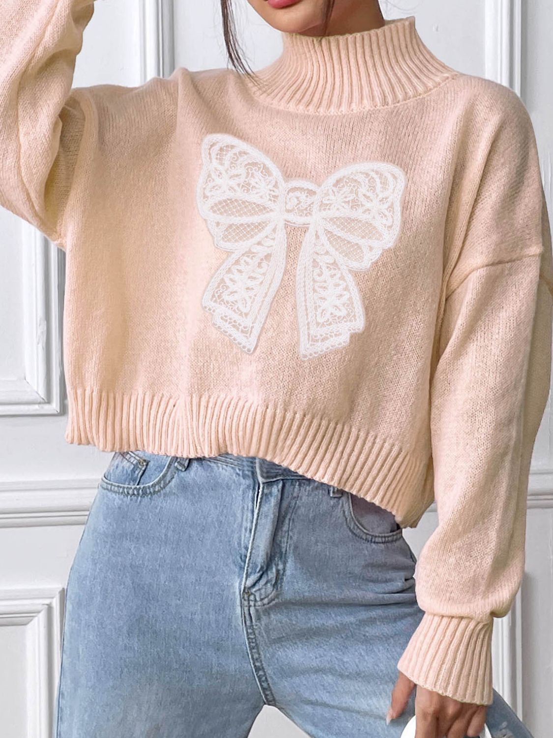 Bow Turtleneck Long Sleeve Sweater