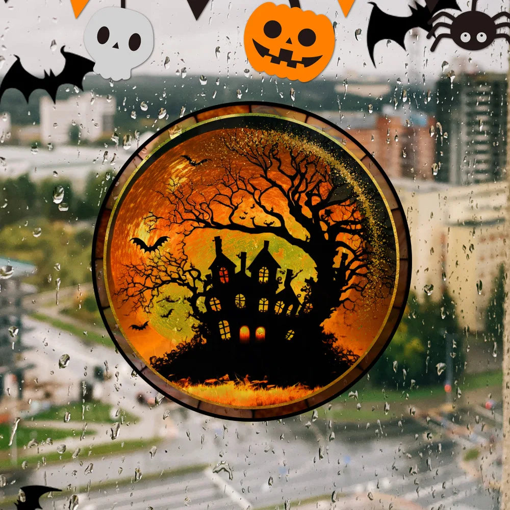 Halloween PVC Static Glass Sticker With Adhesive Free Removable Holiday Party Decoration Horror Castle Cat Static Window sticker