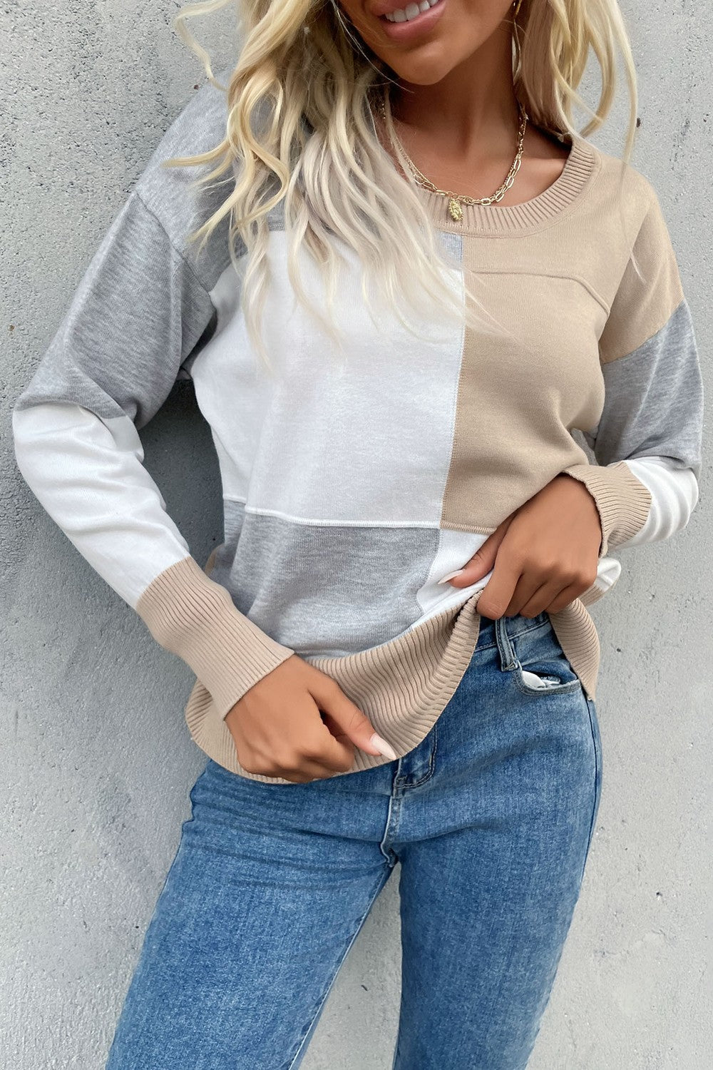 Perfee Color Block Ribbed Trim Round Neck Knit Pullover