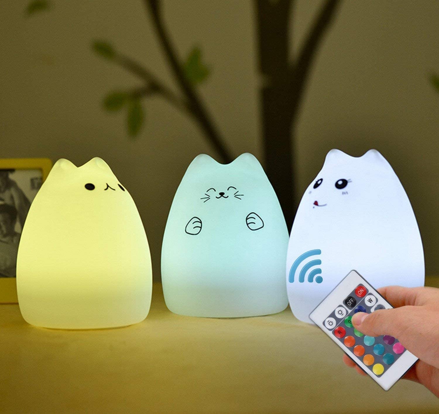 Rechargeable Cat Lamp - Remote Control Silicone Kitty Night Light for Kids, Toddlers, and Baby Girls, Cute Kawaii Design, White, 4-Piece Set