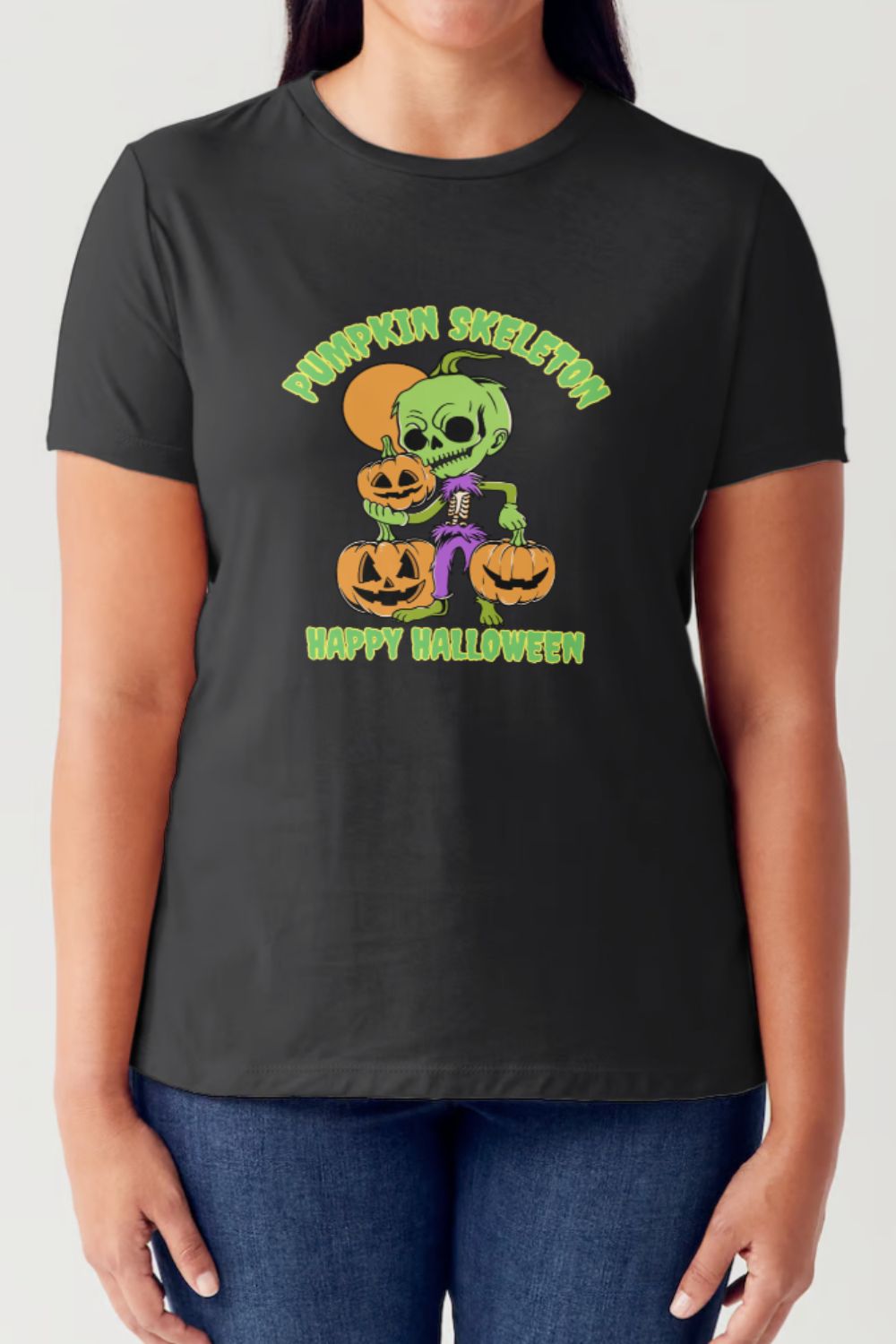 Simply Love Full Size PUMPKIN SKELETON HAPPY HALLOWEEN Short Sleeve Tubular T-Shirt