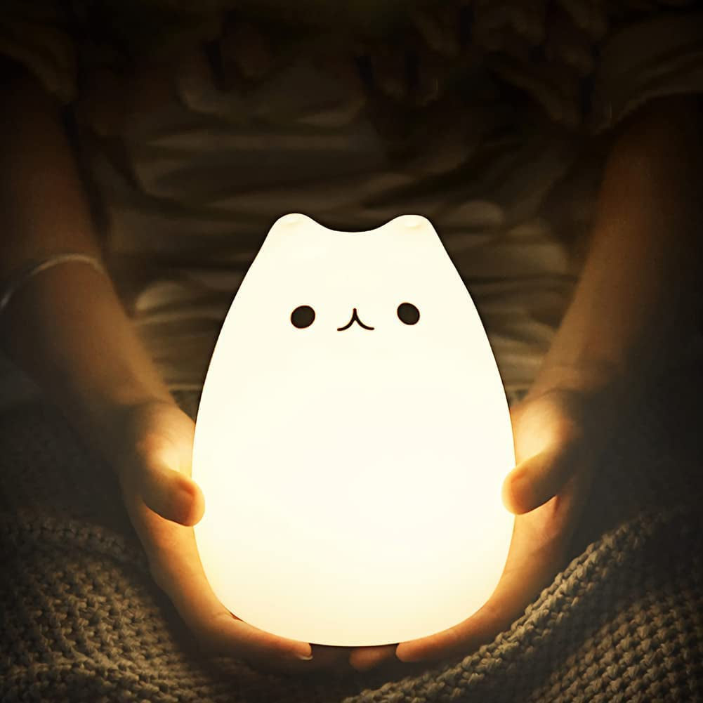 Rechargeable Cat Lamp - Remote Control Silicone Kitty Night Light for Kids, Toddlers, and Baby Girls, Cute Kawaii Design, White, 4-Piece Set