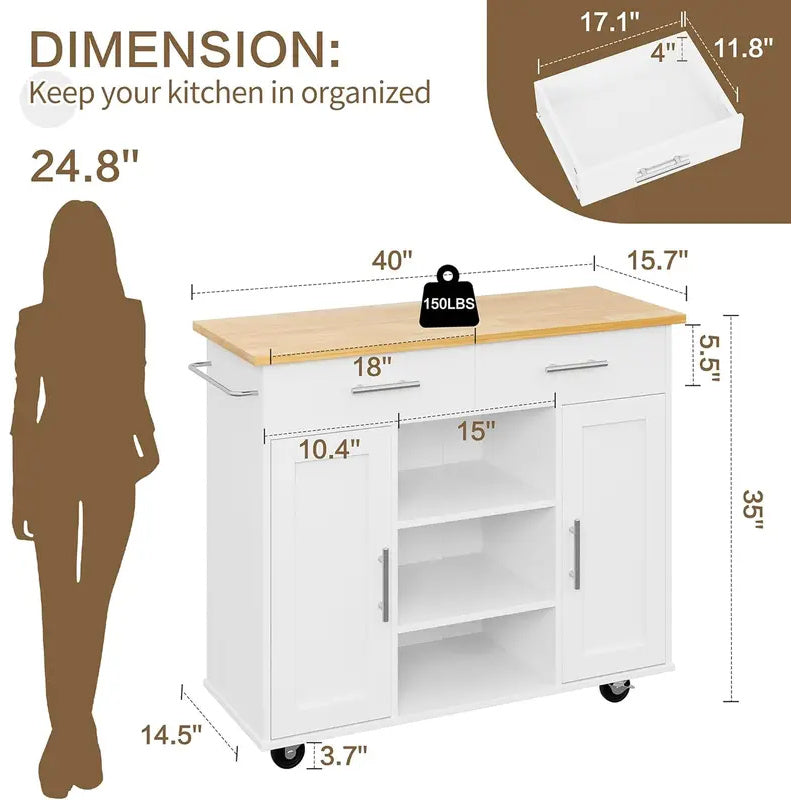 Kitchen Island Cart with Storage - Rolling Butcher Block Table, Portable Mobile Counter on Wheels, Drop Leaf Design