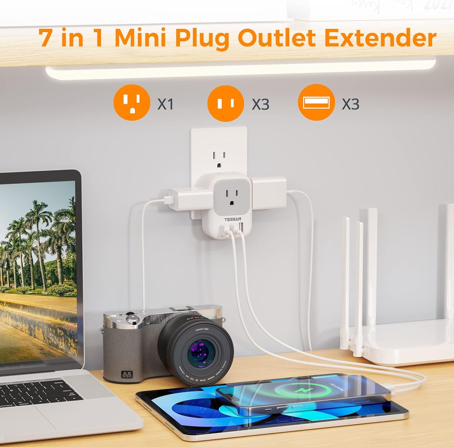 USB Charger Block with 3 USB Ports and 4-Outlet Splitter – Multi Plug Adapter for Travel, Cruise, Office, and Dorm Essentials