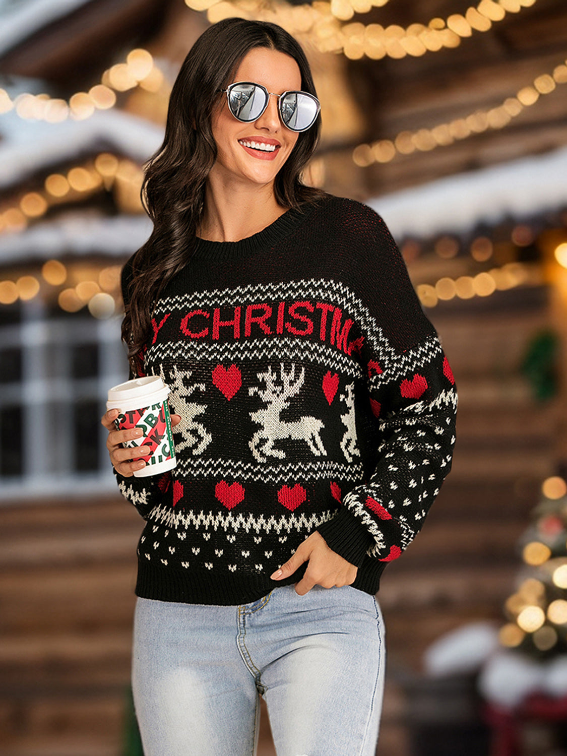 Perfee Christmas Element Round Neck Sweater