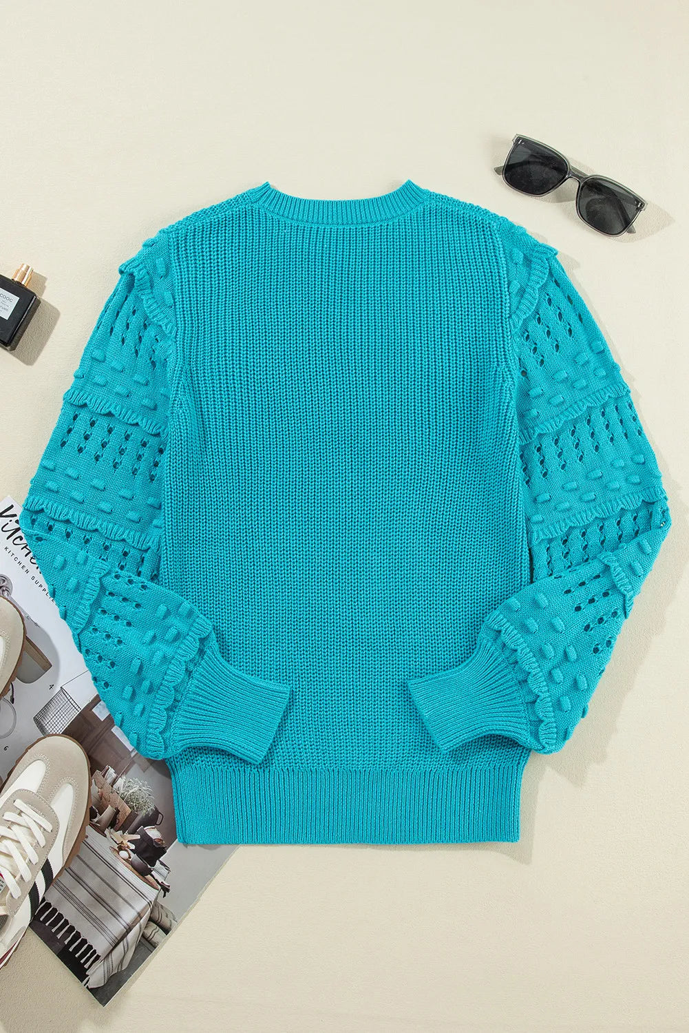 Openwork Frill Round Neck Long Sleeve Sweater