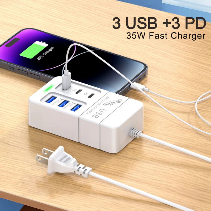 Mobile Phone Charger 3pd 3Usb Multi-Port Charging Head 6Usb Socket 35W Fast Charging 3A Seat For Smartphone Universal Charger