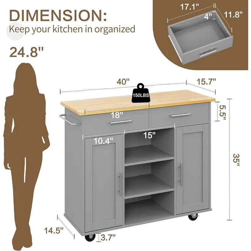 Kitchen Island Cart with Storage - Rolling Butcher Block Table, Portable Mobile Counter on Wheels, Drop Leaf Design